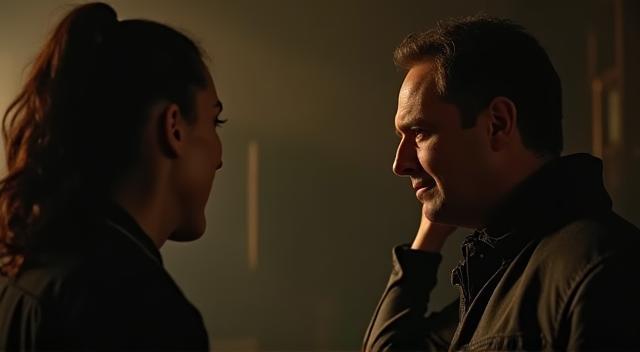 Dramatic film still showing two characters in intense conversation
