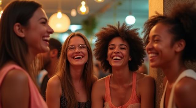 Scene from a television show featuring a group of friends laughing
