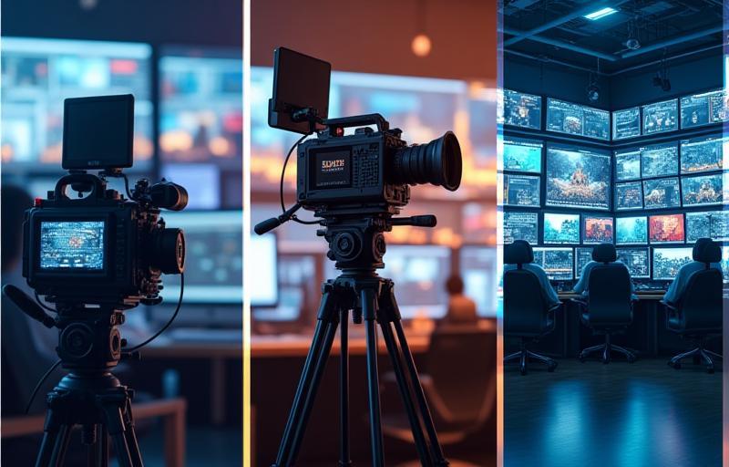 Collage representing various production services like cameras, editing suites, and studio sets